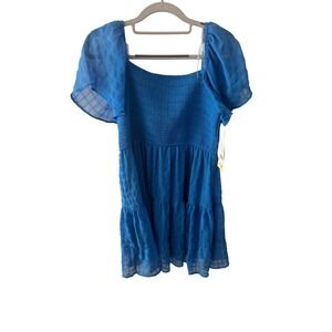 Rewind Blue Smocked Tiered Mini Dress Flutter Sleeve Square Neck Womens NEW